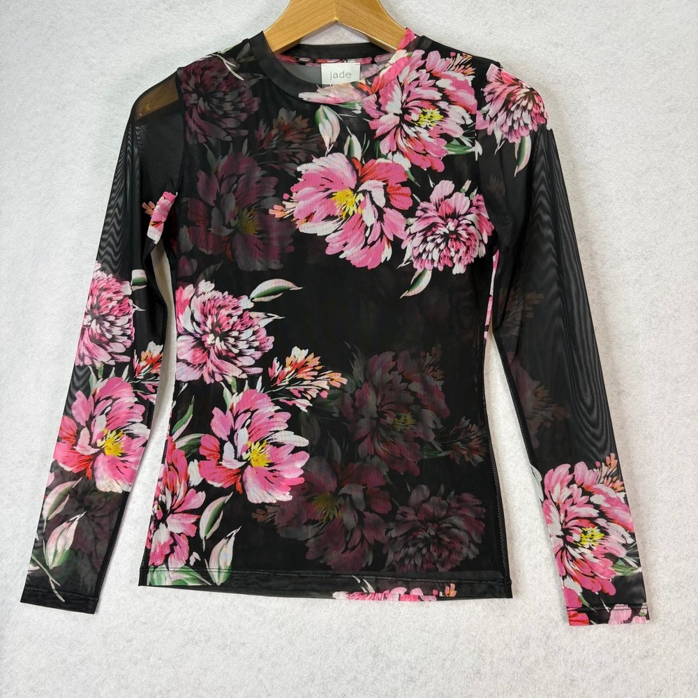 Jade Black Floral Mesh Sheer Long Sleeve Top Womens S Romantic Fairycore Whimsy